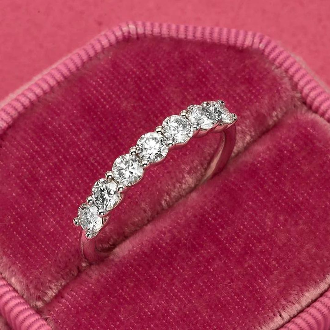 14K White Gold Round Moissanite Wedding Band, Half Eternity Engagement ...