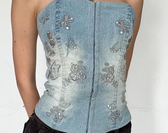 Vintage Denim Corset Top with Silver Embroidery | Y2K Fairycore Bustier | 2000s