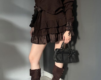 Vintage Wool Mini Dress: Brown Satin Trim, Off-Shoulder 90s Style