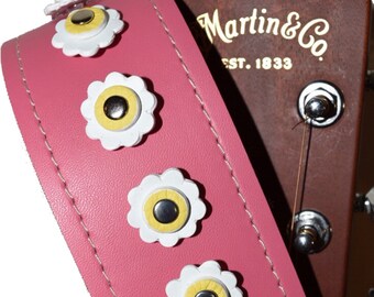Leather Guitar Strap, Pink Leather Guitar Strap with Leather Flowers, Strap for Guitar, Guitar Strap Leather, Guitar Strap Pink, Guitar Stra