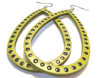 Blue and Black Leather Hoop Earrings Handpainted Leather Earrings Lightweight Original Design by Chique Fabrique