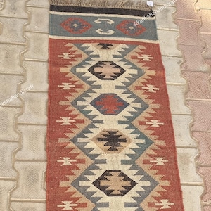 Handmade Wool Jute Kilim Runner Rug: Boho Home Decor