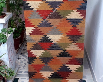 Alfombra Kilim de yute y lana tejida a mano: Alfombra Kilim Navajo estilo bohemio indio, alfombra para cocina y escaleras de estilo bohemio.