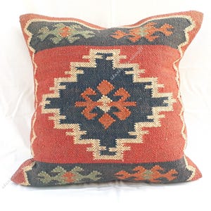Handwoven Wool Jute Kilim Pillow Cover: Bohemian Geometric Throw