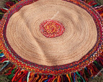 Alfombra de yute trenzada hecha a mano: colorida alfombra bohemia de Chindi