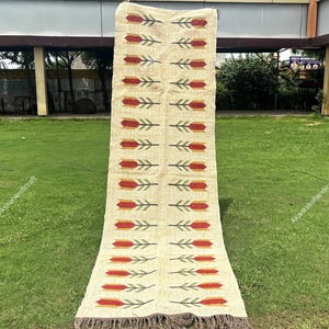 Vintage Kilim Runner Handmade Wool Jute Runner Bohemian Long Hallway Rug with Floral Design Accent Runner Eco-Friendly Woven Floor Runner