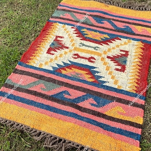 Handwoven Wool Jute Kilim Rug: Boho Tribal Accent Carpet with Fringe
