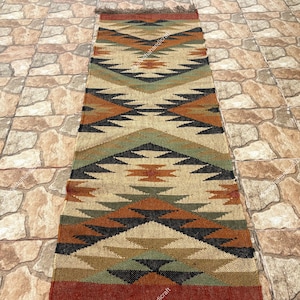 Handwoven Wool Jute Kilim Runner Rug: Boho Hallway Decor