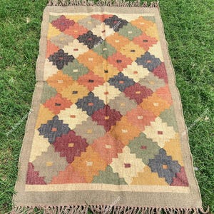 Handwoven Wool Jute Kilim Rug: Bohemian Area Rug