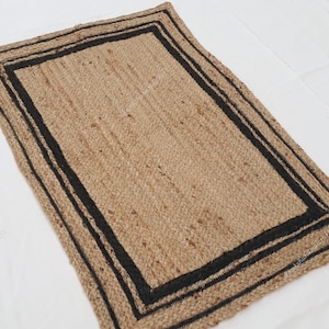 Blue Border Natural Jute Braided Rug, Indian braided Blue triple line border jute rugs for home décor rugs, Handmade Eco-Friendly Area Rug