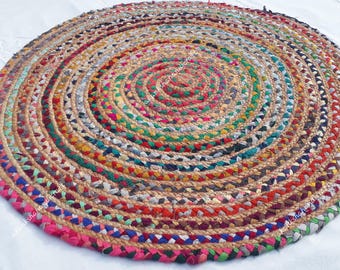 Braided Chindi Jute Rug: Colorful Recycled Cotton Boho Floor Mat