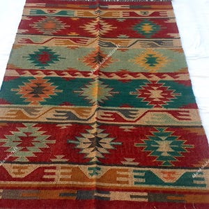 Handwoven Wool Jute Kilim Rug: Traditional Indian Dhurrie
