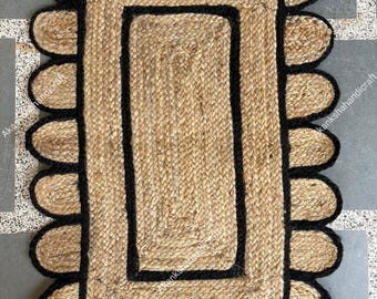 Handmade Jute Runner Rug: Black Scalloped Border, Bohemian Style