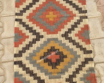 Alfombra de pasillo de yute de lana tejida a mano, alfombra Kilim de estilo bohemio del suroeste para recibidor.