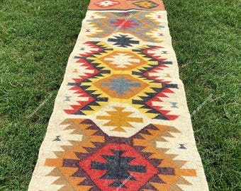 Handwoven Wool Jute Kilim Runner Rug: Boho Hallway Carpet Traditional Indian Runner