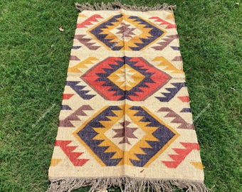 Handwoven Wool Jute Runner Rug, Boho Geometric Stair Kilim, Natural Rustic Carpet