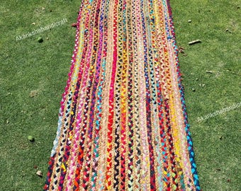 Alfombra Chindi de yute y algodón trenzado a mano: Alfombra bohemia y colorida