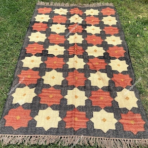 Wool Jute Kilim Dhurrie, Handmade Wool Jute Runner Bohemian Eco Friendly Wool Jute Kilim Runner Traditional Indian Jute Area rug, Kilim Rugs