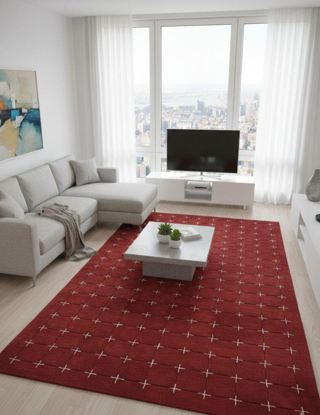 Modern Rug Red Pattern Modern Red Area Rug | Geometric Pattern Rug | Contemporary Minimal ...