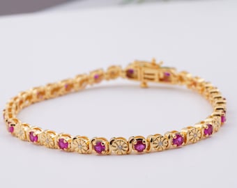 Dainty Flower Pink Ruby Tennis Bracelet: 14k Gold Plated Sterling Silver