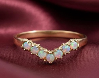 Opal Chevron Ring, 14K Gold Plated 925 Sterling Silver, Dainty V-Shaped Stacking Ring, October Birthstone, Minimalist Promise Ring
