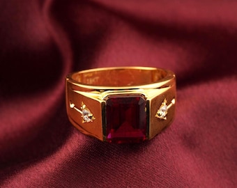 Garnet Ring, 14k Gold Plated 925 Sterling Silver, Men’s Garnet Ring, Square Garnet Band, Diamond Accent Ring, January Birthstone Gift