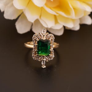 Green Emerald Ring, 14k Yellow Gold plated Ring, Handmade Ring For Women, Sterling Silver Ring, Antique Ring, Vintage Gemstone Ring For her