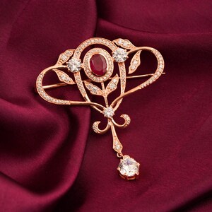 Röd rubin- och diamantbroschnål, Bröllopsbrosch, 14k roséguld, sterlingsilver