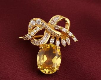 Citrine & Diamond Brooch: 14k Yellow Gold Plated Sterling Silver Ribbon Pin