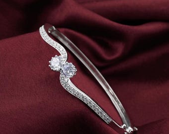 Handmade Moissanite Women's Bangle Bracelet, 14k Gold Plated, Sterling Silver Jewelry