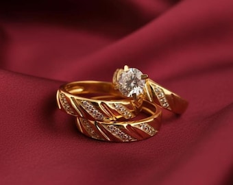 Sie & Ihn Ring, 14k vergoldet, Sterling Silber Trio Ring Set Verlobung Band