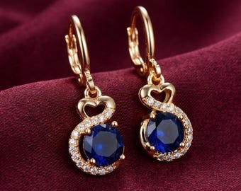 Blue Sapphire Heart Earrings, Sapphire Diamond Earrings, 14K Gold Plated Earrings, Sterling Silver Dangle Earrings, September Birthstone