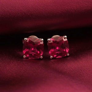 Pink Ruby Cushion Cut Solitaire Stud Earring, 14k White Gold Plated, Sterling Silver Earrings