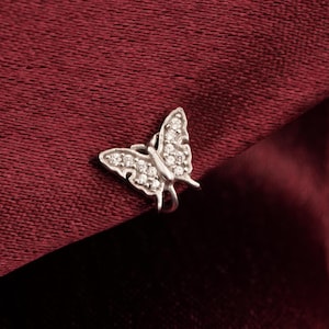 Butterfly Nose Ring, 14k Solid White Gold, Dany Unique Nose Stud Ring, Nose Piercing Jewelry, women Body Jewelry, Round Diamond Accent