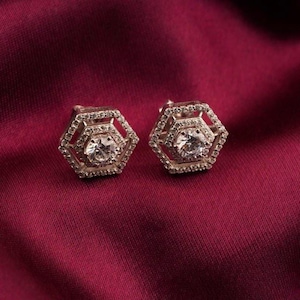 Moissanite Hexagon Stud Earrings: 14k White Gold Plated, Sterling Silver