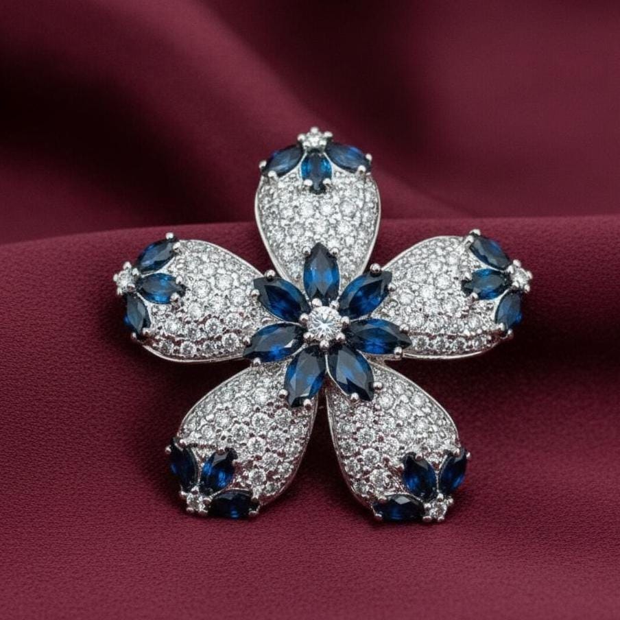 Blue Sapphire Diamond Floral Brooch, 14k White Gold Plated 925 Sterling Silver, Vintage Flower Gemstone Pin