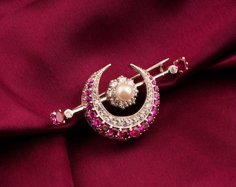 Moon Gemstone Brooch Pin, Ruby Pearl Diamond Brooch - 14k White Gold Sterling Silver