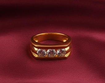 Handmade Diamond Men's Band Ring, 14k Gold Plated Three Stone Ring For Him