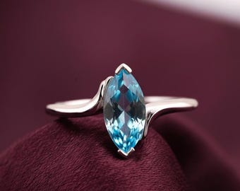 Dainty Blue Topaz Marquise Ring: 14k White Gold Plated Sterling Silver
