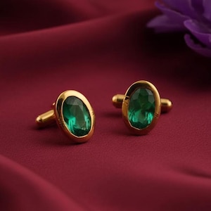 Gemelos de esmeralda chapados en oro de 14k, joyería masculina de plata de ley