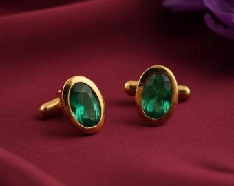 Gemelos de esmeralda chapados en oro de 14k, joyería masculina de plata de ley