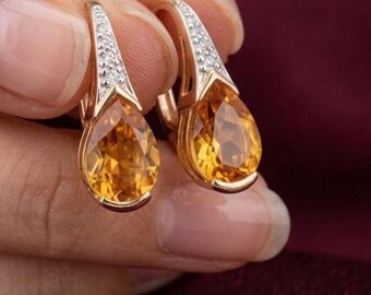 Citrine Teardrop Earrings, 14K Gold Plated Sterling Silver Earrings, Pear Cut Citrine Earrings, Diamond Accent Earrings, November Birthstone