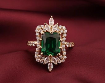Vintage Emerald Ring 14k Gold Plated Sterling Silver Handmade Cocktail Jewelry Ring