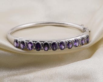 Amethyst Bangle Bracelet 14k White Gold, Antique Gemstone Bracelet for Women
