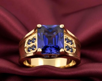Blauwe saffier herenring, 14 kt geelgoud verguld, 925 sterlingzilver, vintage statement ring, gewaagd cadeau voor hem