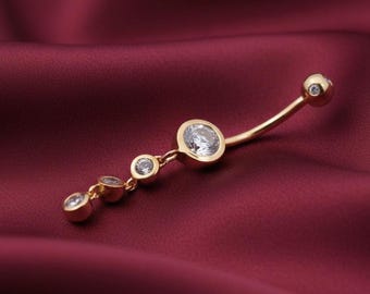 Delicate Diamond Dangle Belly Button Ring, 14k Gold Plated, Navel Piercing Jewelry
