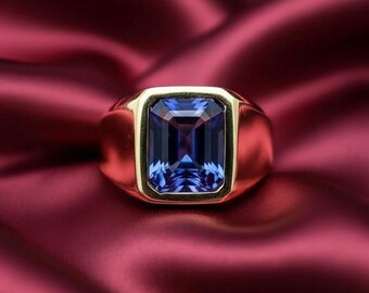 Blauwe saffierring, 14K verguld 925-zilver, smaragd geslepen statementring heren, luxe cadeau voor hem, gewaagde vintage stijl sieraden