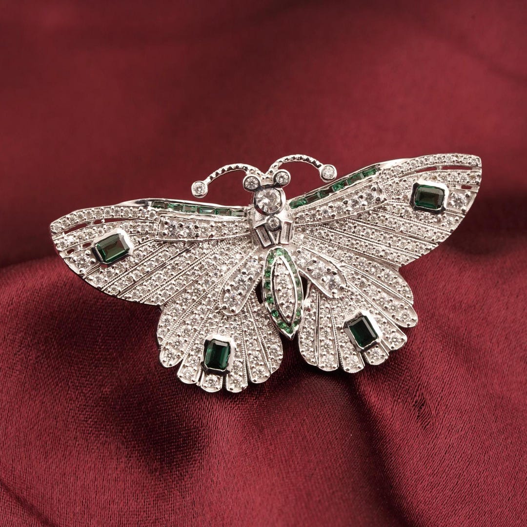 Insect Inlays Emerald Butterfly Brooch 925 Sterling Silver, Diamond Inlay, 14k White ...