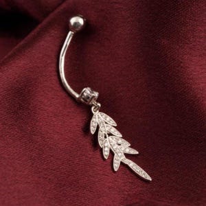 14k White Gold Diamond Belly Ring: Leaf Dangle Navel Piercing
