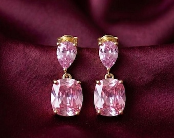Pink Sapphire Drop Earrings 925 Sterling Silver 14K Gold Plated, Cushion Cut Dangle Earrings, Romantic Bridal Jewelry Gift for Her